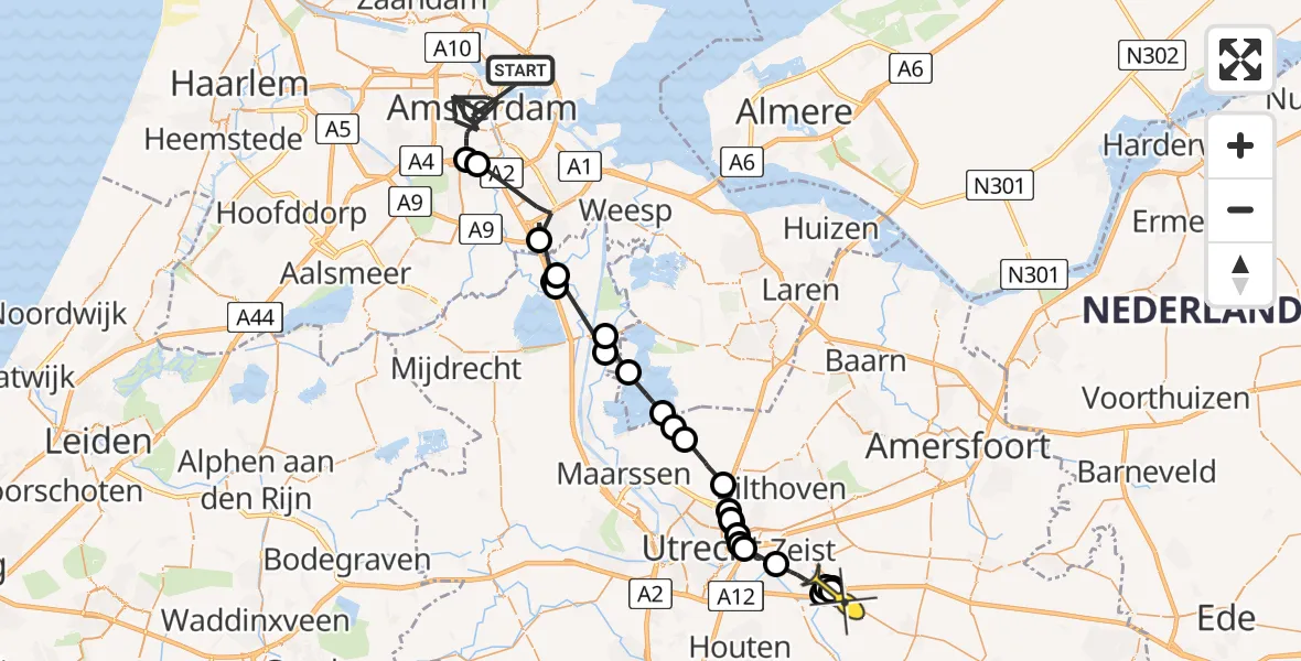 Routekaart van de vlucht: Politieheli naar Driebergen-Rijsenburg