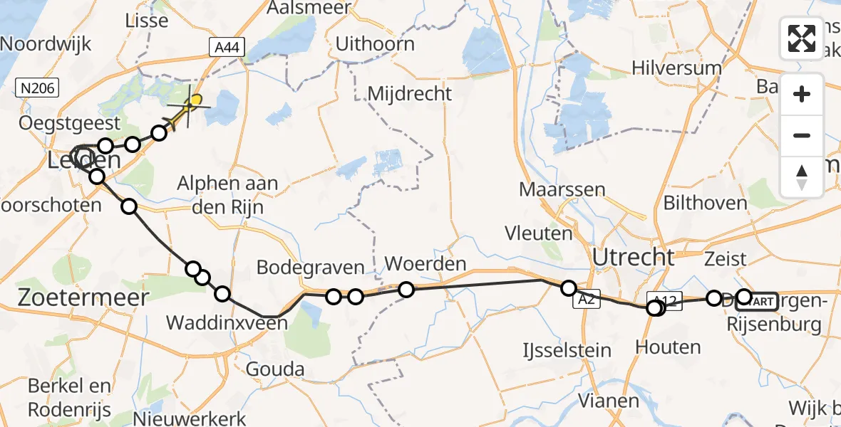 Routekaart van de vlucht: Politieheli naar Nieuwe Wetering