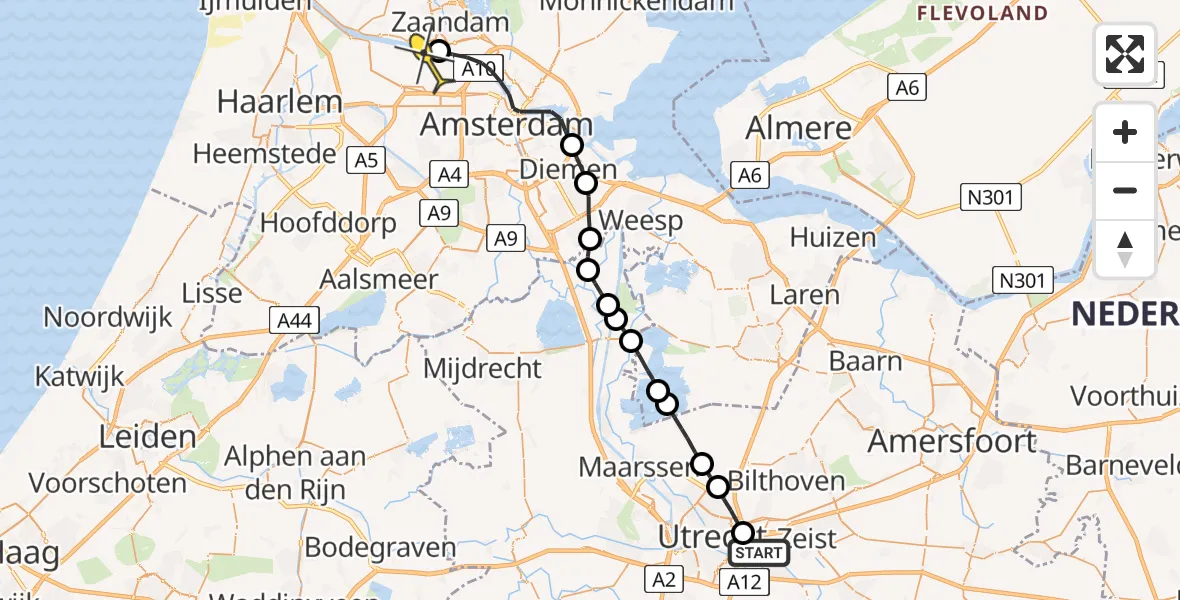 Routekaart van de vlucht: Lifeliner 1 naar Amsterdam Heliport