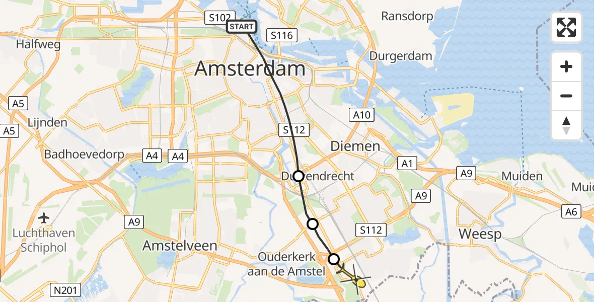 Routekaart van de vlucht: Lifeliner 1 naar Academisch Medisch Centrum (AMC)