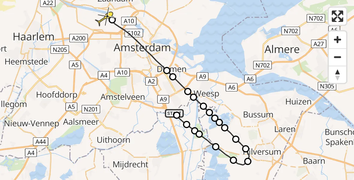 Routekaart van de vlucht: Lifeliner 1 naar Amsterdam Heliport