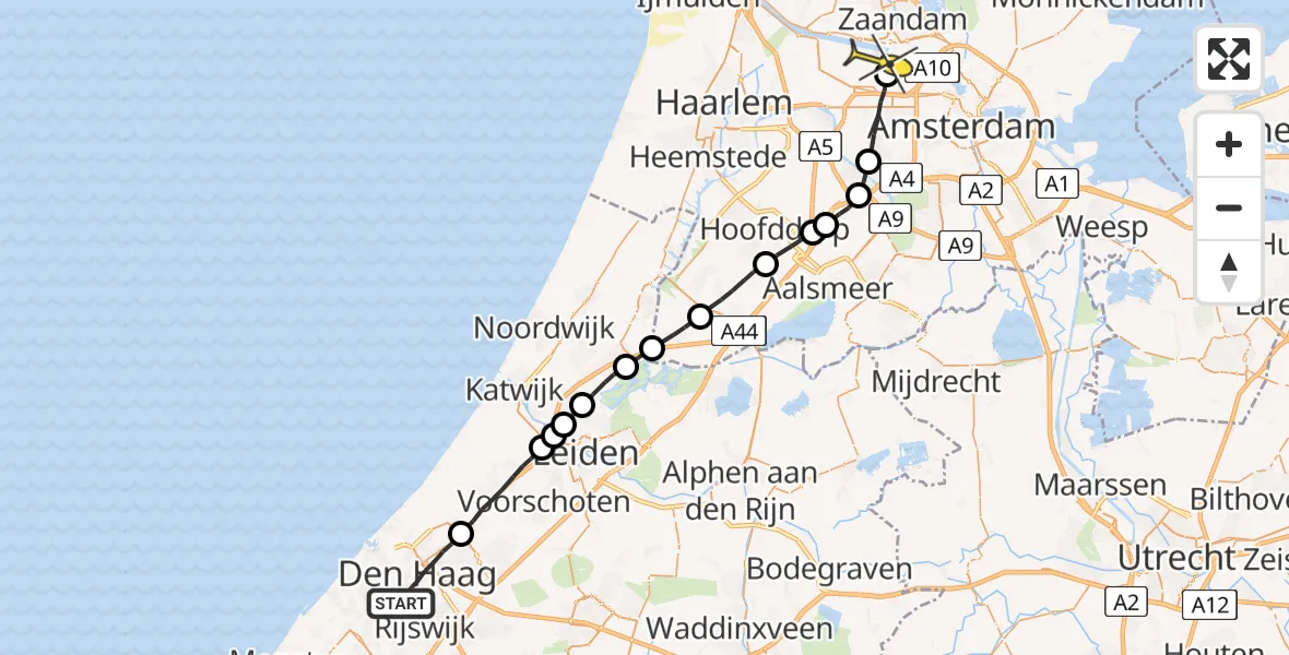 Routekaart van de vlucht: Lifeliner 1 naar Amsterdam Heliport