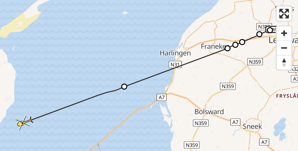 Routekaart van de vlucht: Ambulanceheli naar Den Oever