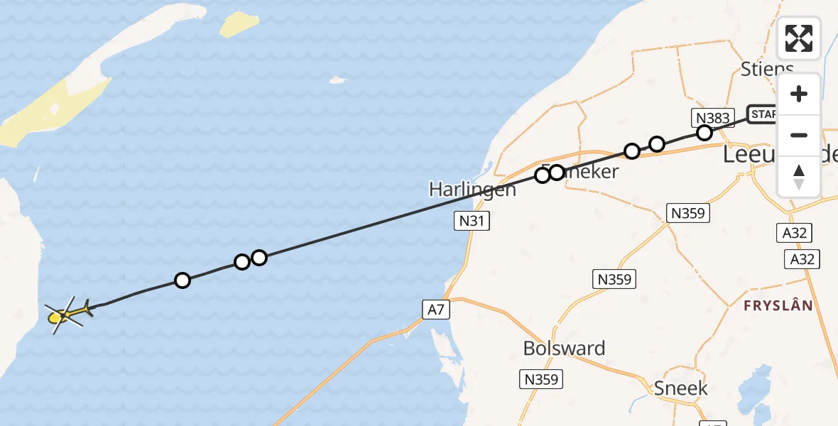 Routekaart van de vlucht: Ambulanceheli naar Oosterend