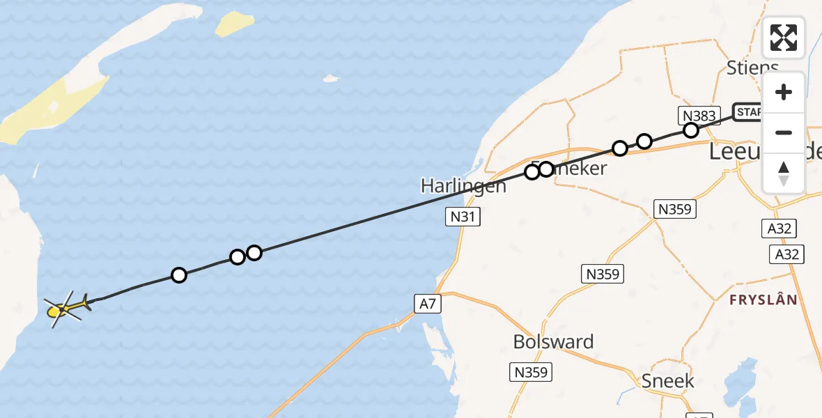 Routekaart van de vlucht: Ambulancehelikopter naar Oosterend