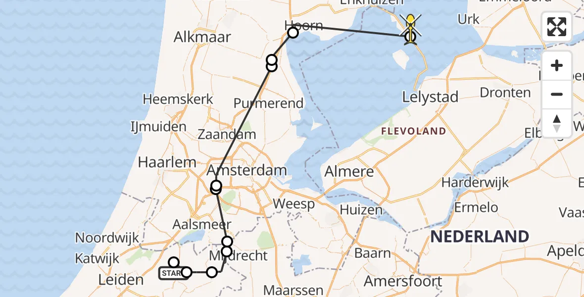Routekaart van de vlucht: Politiehelikopter naar Lelystad