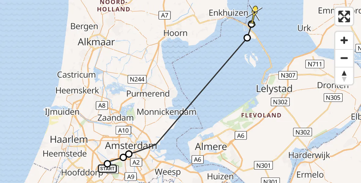 Routekaart van de vlucht: Politieheli naar Urk