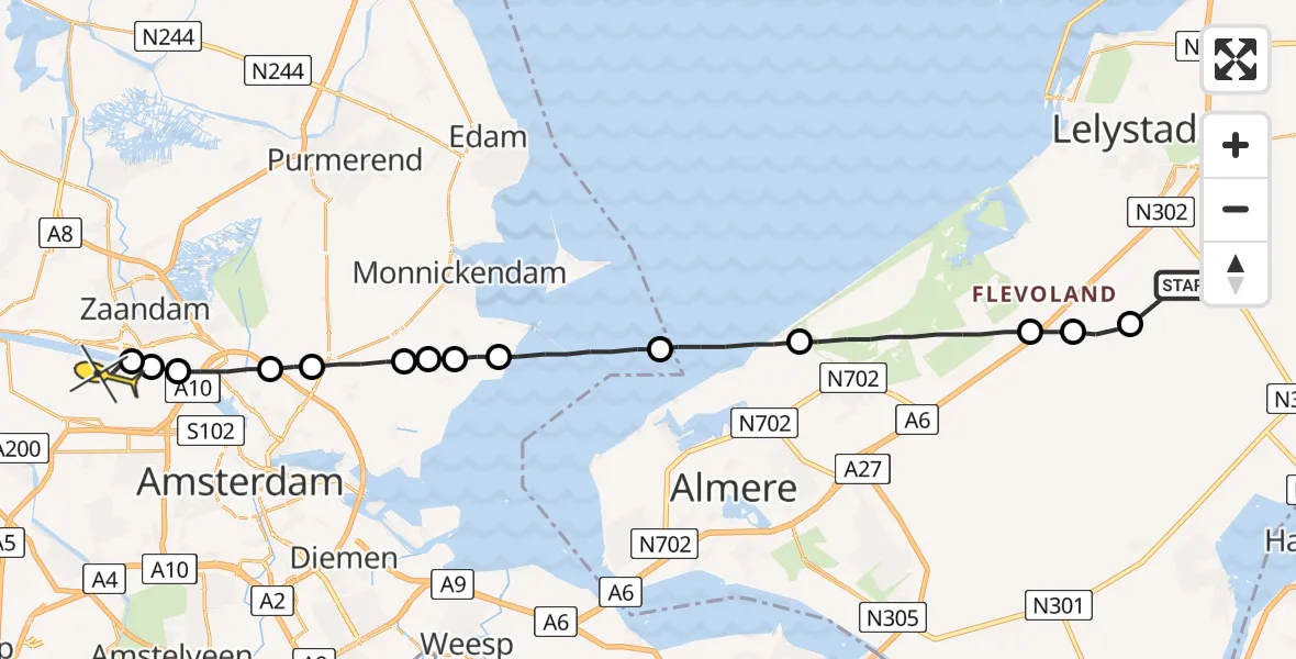 Routekaart van de vlucht: Lifeliner 1 naar Amsterdam Heliport