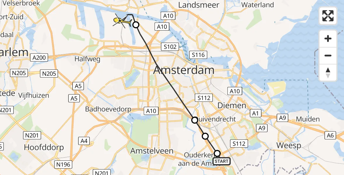 Routekaart van de vlucht: Lifeliner 1 naar Amsterdam Heliport