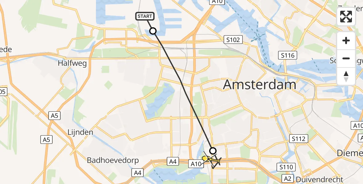 Routekaart van de vlucht: Lifeliner 1 naar VU Medisch Centrum Amsterdam