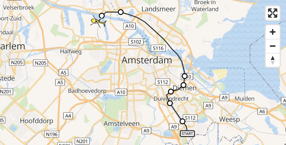 Routekaart van de vlucht: Lifeliner 1 naar Amsterdam Heliport