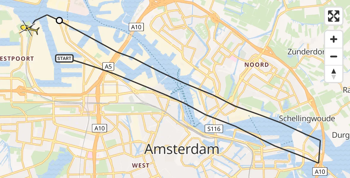 Routekaart van de vlucht: Lifeliner 1 naar Amsterdam Heliport