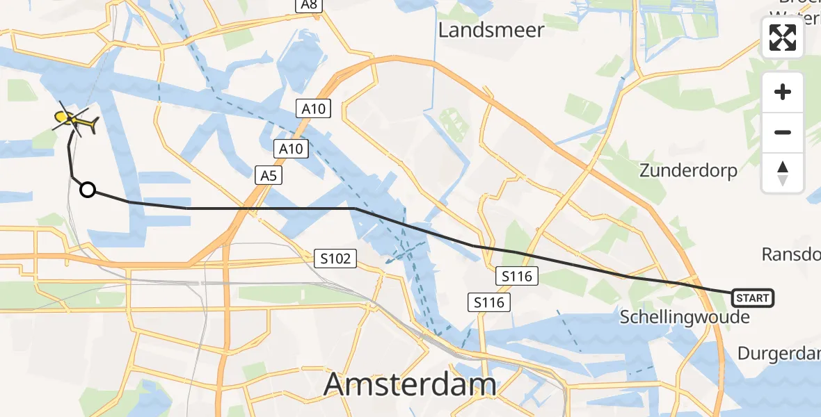 Routekaart van de vlucht: Lifeliner 1 naar Amsterdam Heliport