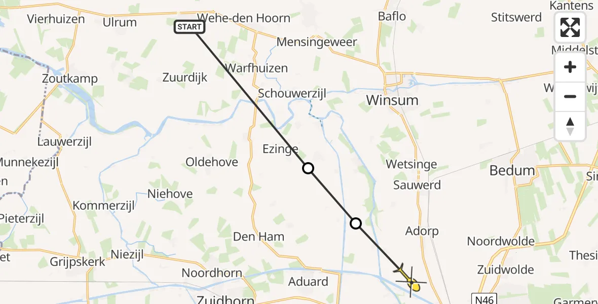Routekaart van de vlucht: Ambulancehelikopter naar Groningen