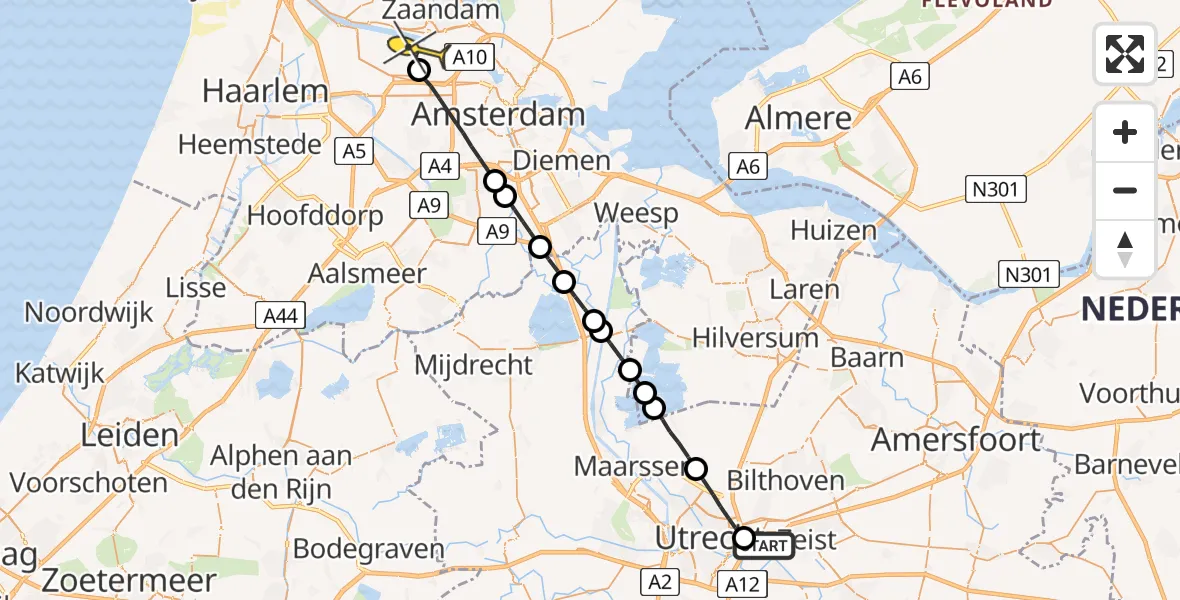 Routekaart van de vlucht: Lifeliner 1 naar Amsterdam Heliport