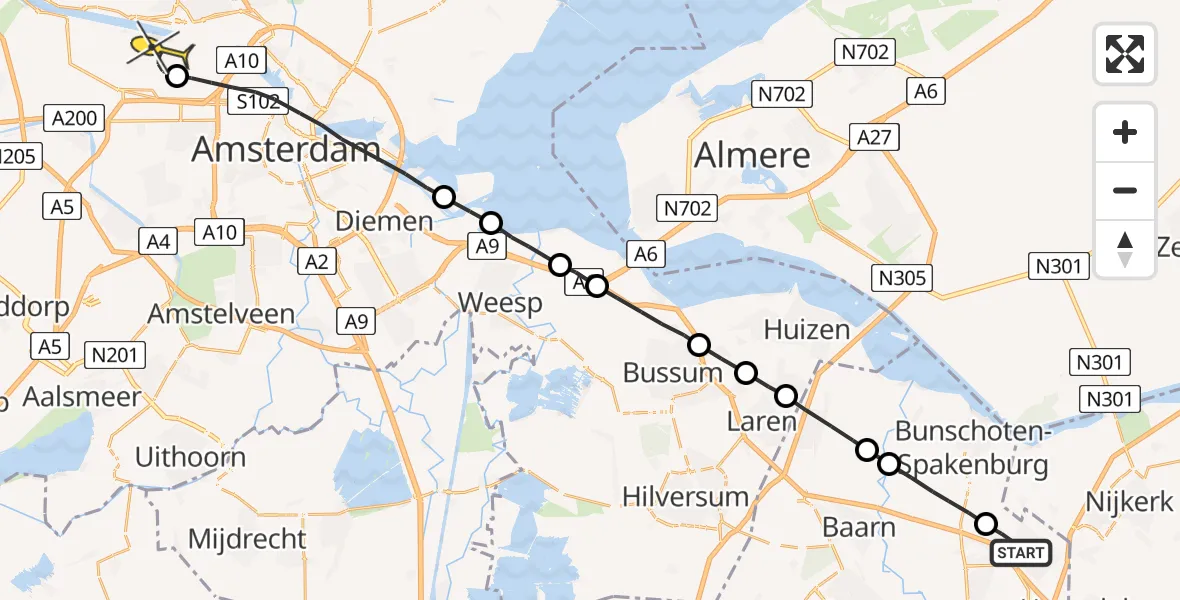 Routekaart van de vlucht: Lifeliner 1 naar Amsterdam Heliport