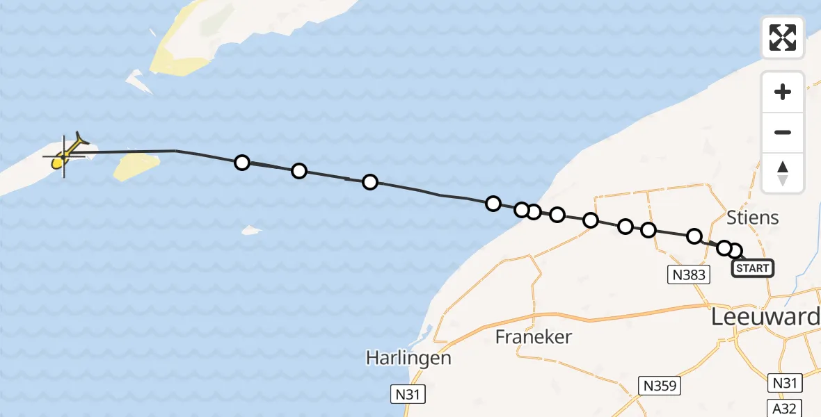 Routekaart van de vlucht: Ambulanceheli naar Vlieland Heliport