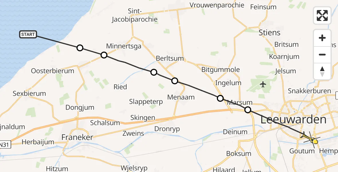 Routekaart van de vlucht: Ambulanceheli naar Leeuwarden