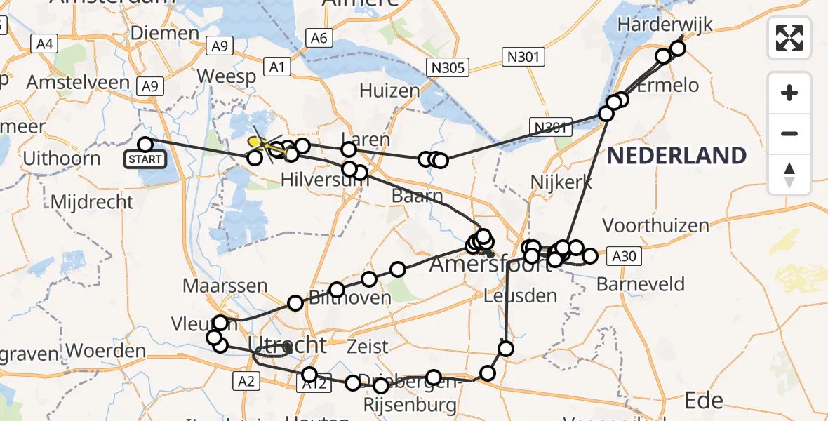 Routekaart van de vlucht: Politieheli naar Nederhorst den Berg