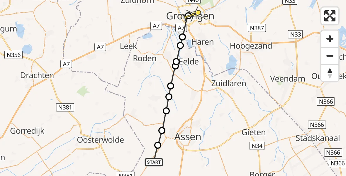 Routekaart van de vlucht: Lifeliner 4 naar Universitair Medisch Centrum Groningen