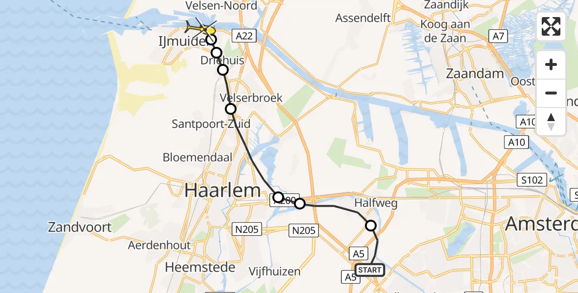 Routekaart van de vlucht: Lifeliner 1 naar IJmuiden