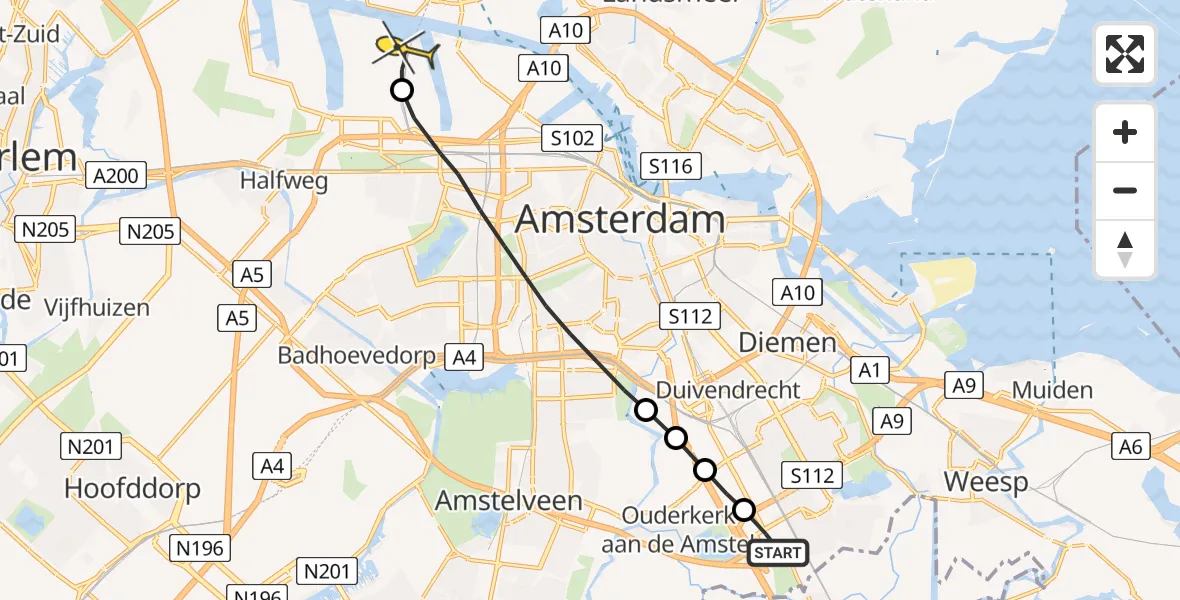 Routekaart van de vlucht: Lifeliner 1 naar Amsterdam Heliport