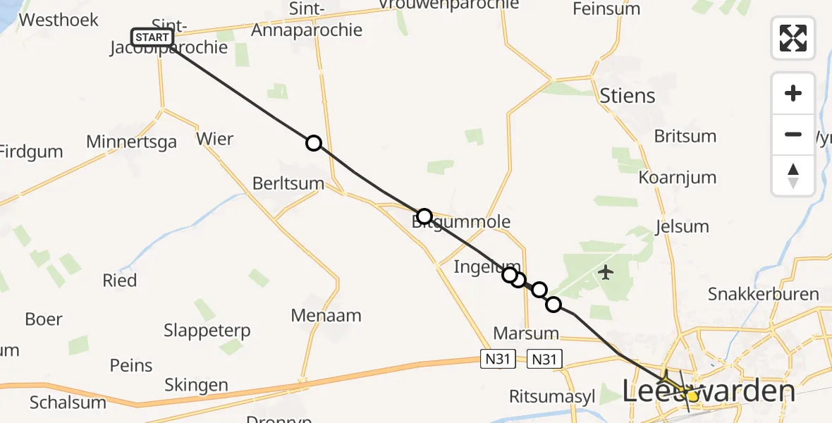 Routekaart van de vlucht: Ambulanceheli naar Leeuwarden