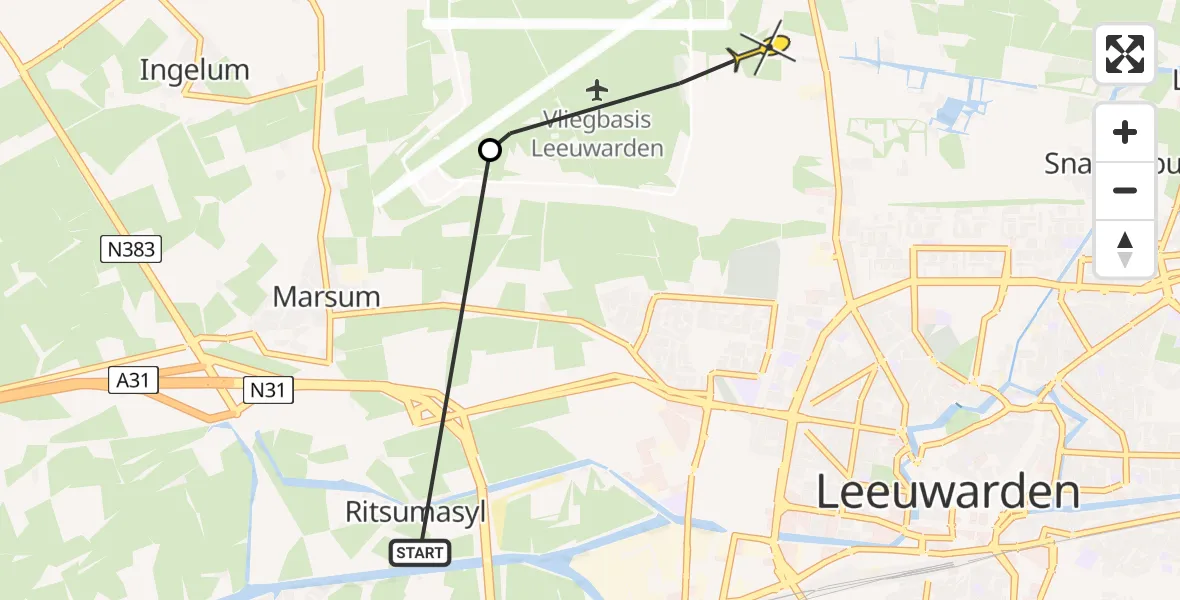 Routekaart van de vlucht: Ambulancehelikopter naar Vliegbasis Leeuwarden