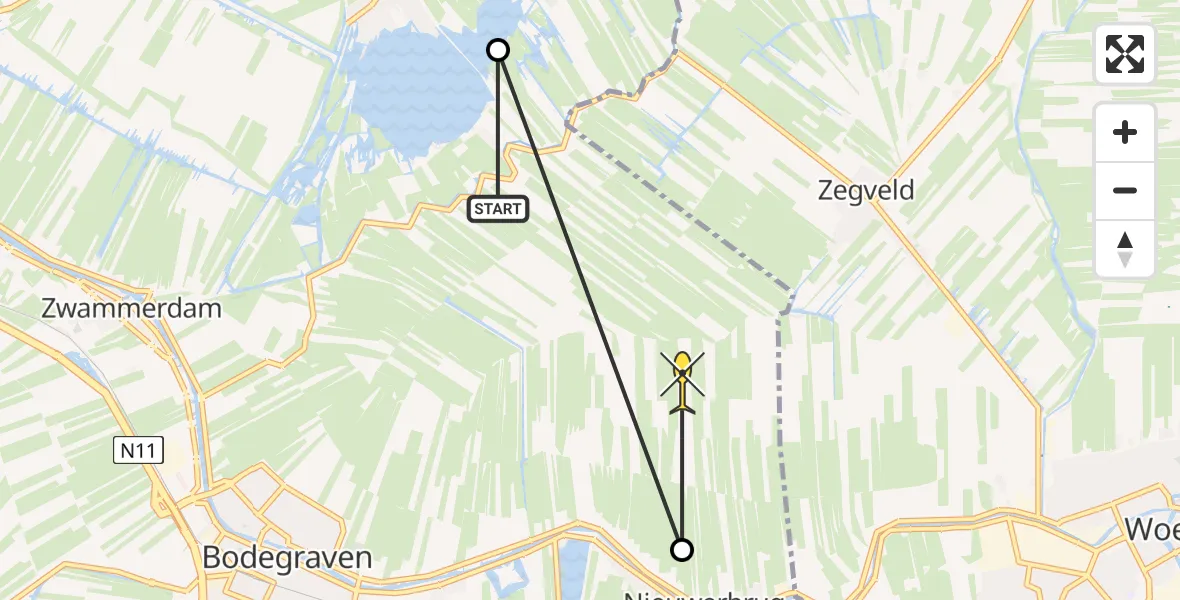 Routekaart van de vlucht: Politieheli naar Nieuwerbrug aan den Rijn