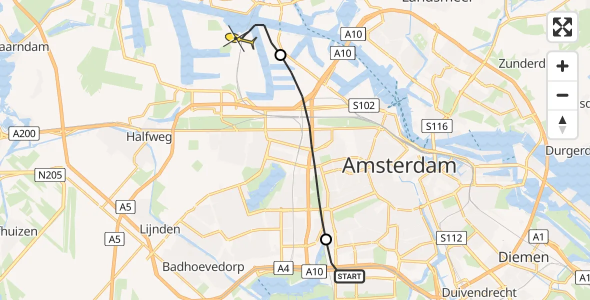 Routekaart van de vlucht: Lifeliner 1 naar Amsterdam Heliport