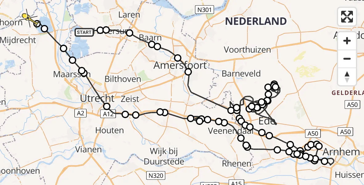 Routekaart van de vlucht: Politiehelikopter naar Waverveen