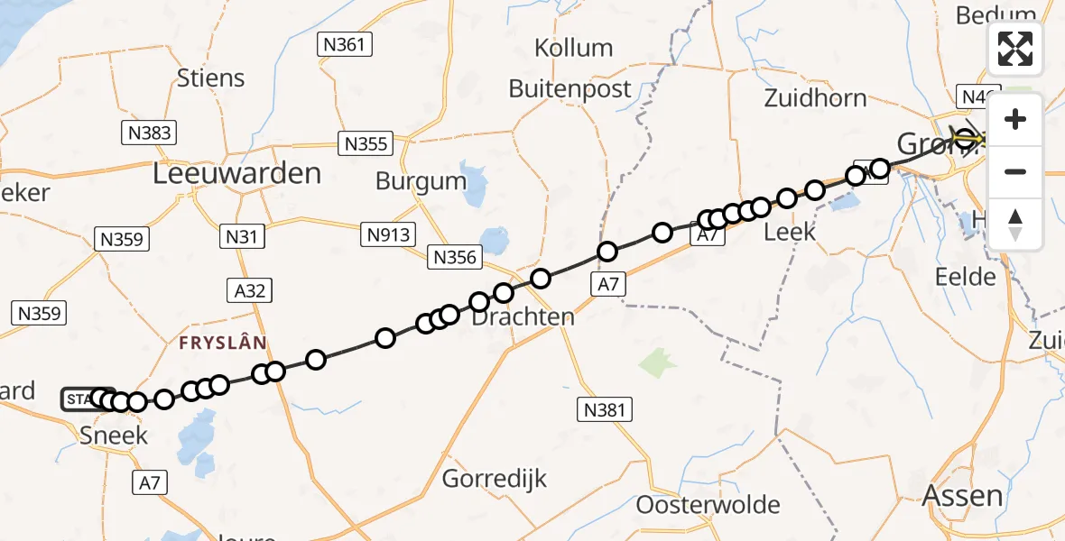 Routekaart van de vlucht: Lifeliner 4 naar Universitair Medisch Centrum Groningen