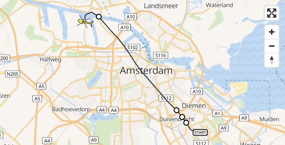 Vluchtroute Traumahelikopter van Amsterdam naar Amsterdam Heliport