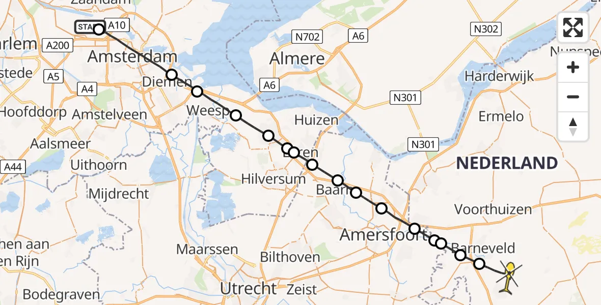 Routekaart van de vlucht: Lifeliner 1 naar Lunteren