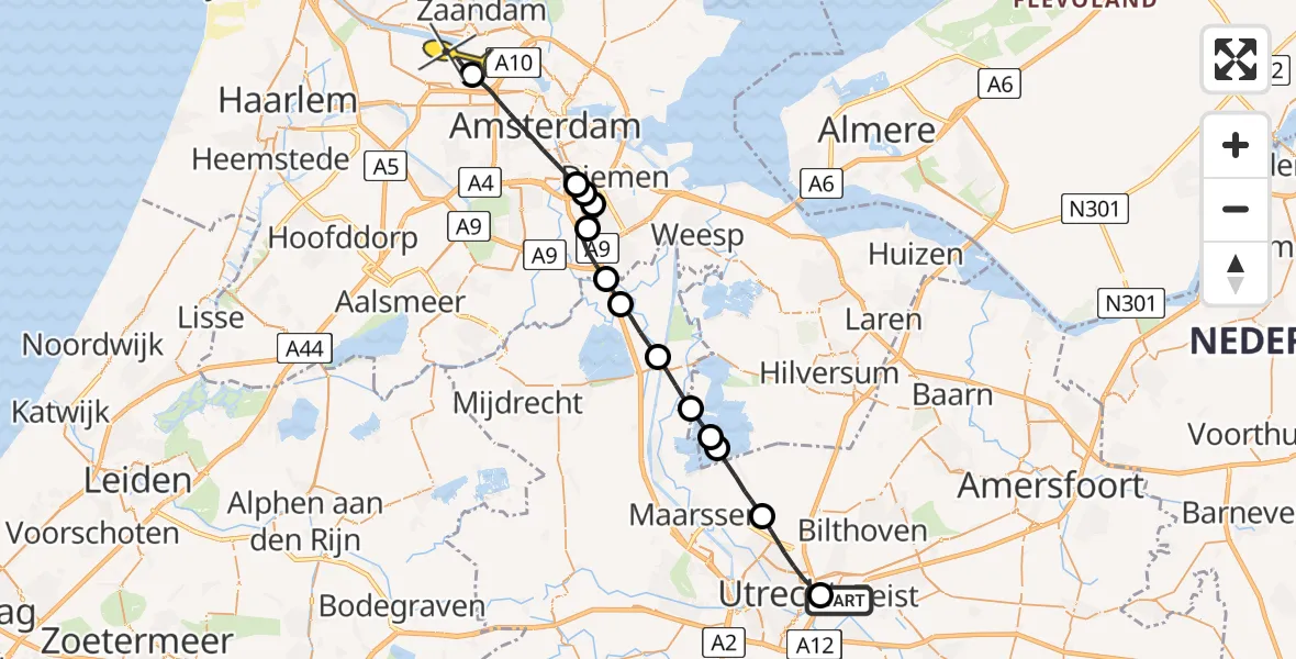 Routekaart van de vlucht: Lifeliner 1 naar Amsterdam Heliport