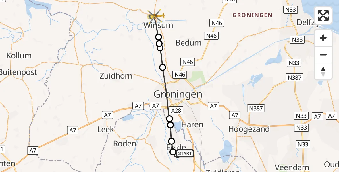 Vluchtroute Traumahelikopter Groningen Airport Eelde - Winsum, 09 september 2023, 06:54