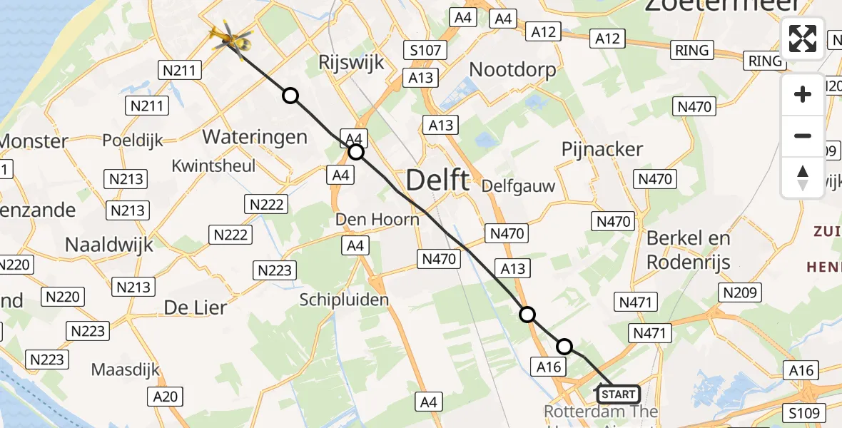 Vluchtroute Traumahelikopter Rotterdam The Hague Airport - Den Haag, 09 september 2023, 08:37