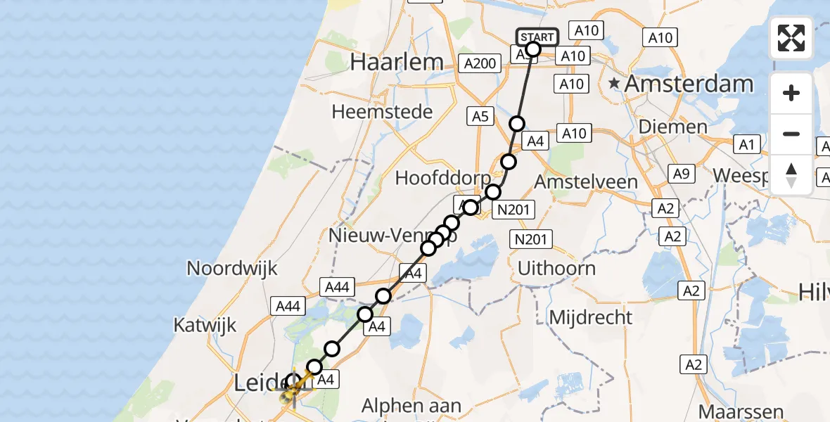 Vluchtroute Traumahelikopter Amsterdam Heliport - Leiderdorp, 09 september 2023, 08:50