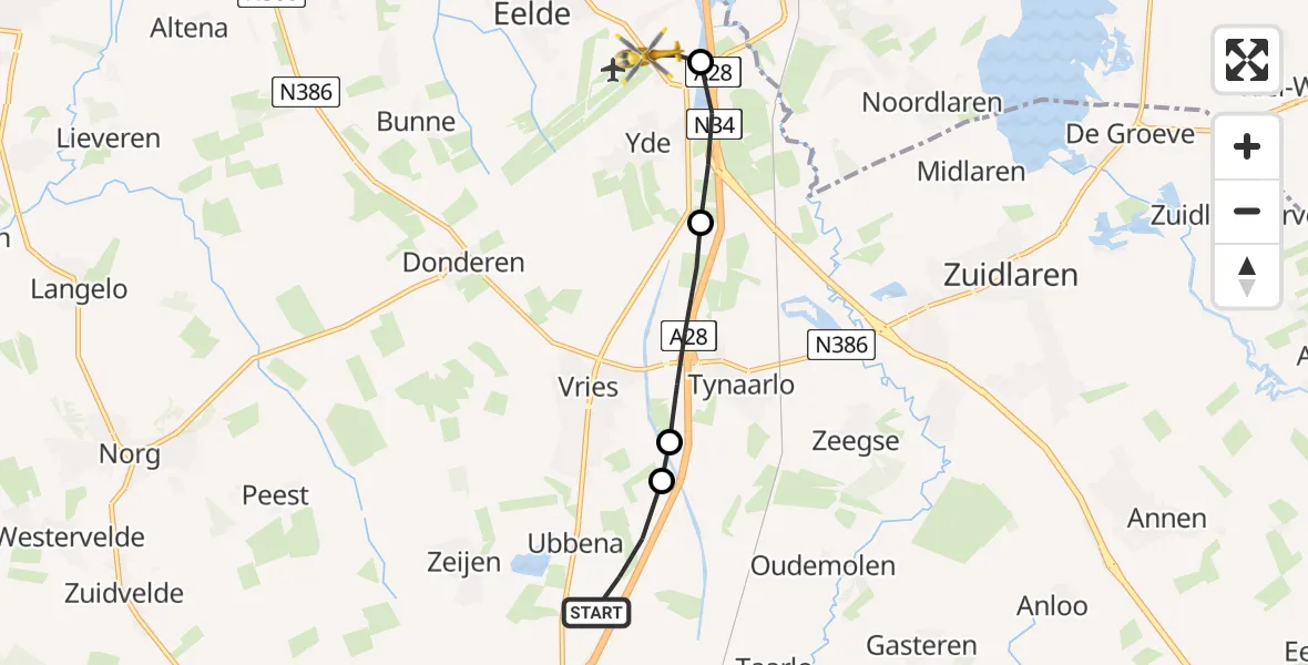 Vluchtroute Traumahelikopter Ubbena - Groningen Airport Eelde, 09 september 2023, 09:41