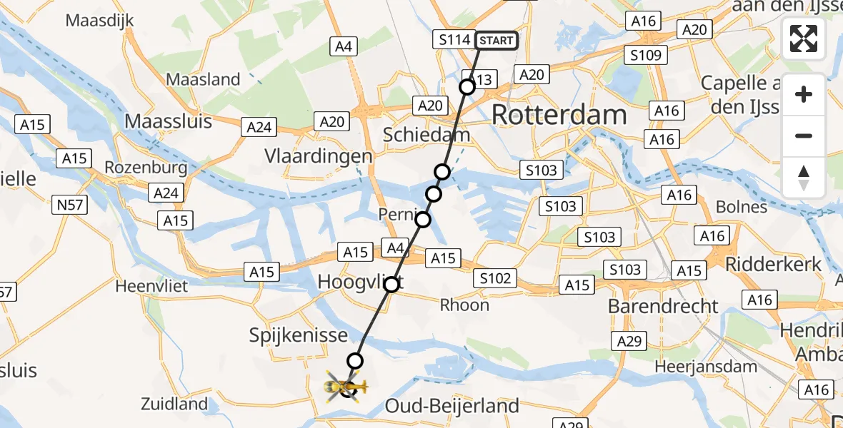 Vluchtroute Traumahelikopter Rotterdam The Hague Airport - Hekelingen, 09 september 2023, 10:22