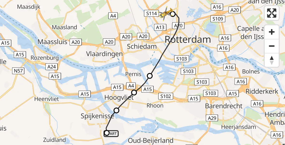 Vluchtroute Traumahelikopter Hekelingen - Rotterdam The Hague Airport, 09 september 2023, 10:45