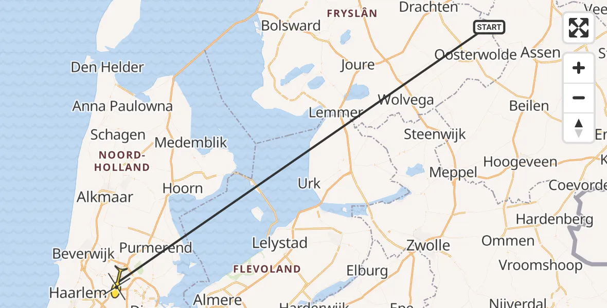 Vluchtroute Traumahelikopter van Haulerwijk naar Amsterdam Heliport