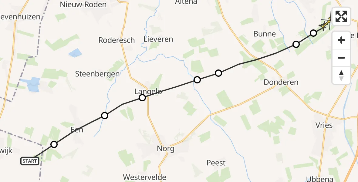 Vluchtroute Traumahelikopter van Haulerwijk naar Groningen Airport Eelde
