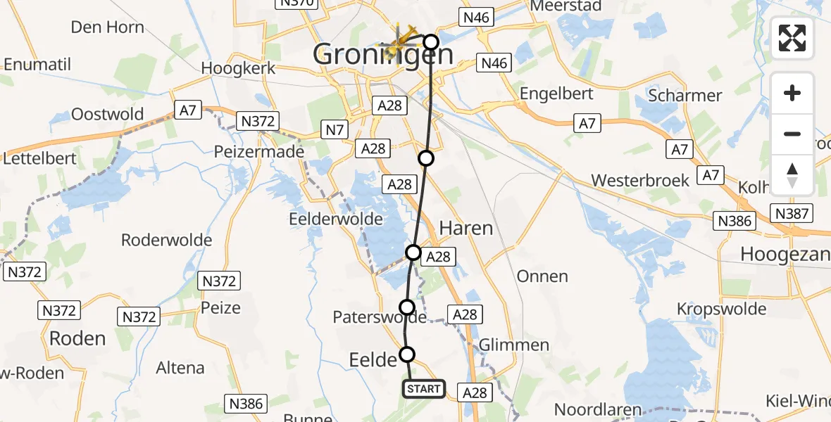 Vluchtroute Traumahelikopter Groningen Airport Eelde - Universitair Medisch Centrum Groningen, 09 september 2023, 11:38