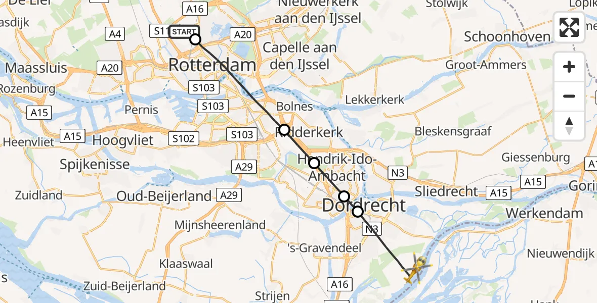 Vluchtroute Traumahelikopter Rotterdam The Hague Airport - Dordrecht, 09 september 2023, 11:41