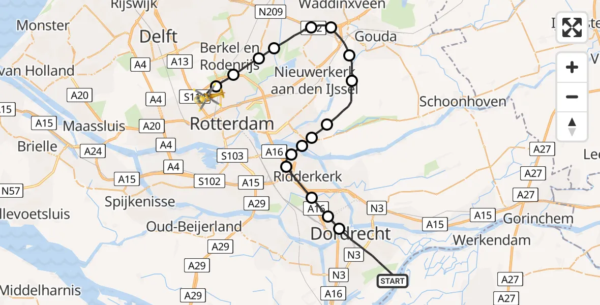 Vluchtroute Traumahelikopter Dordrecht - Rotterdam The Hague Airport, 09 september 2023, 11:52