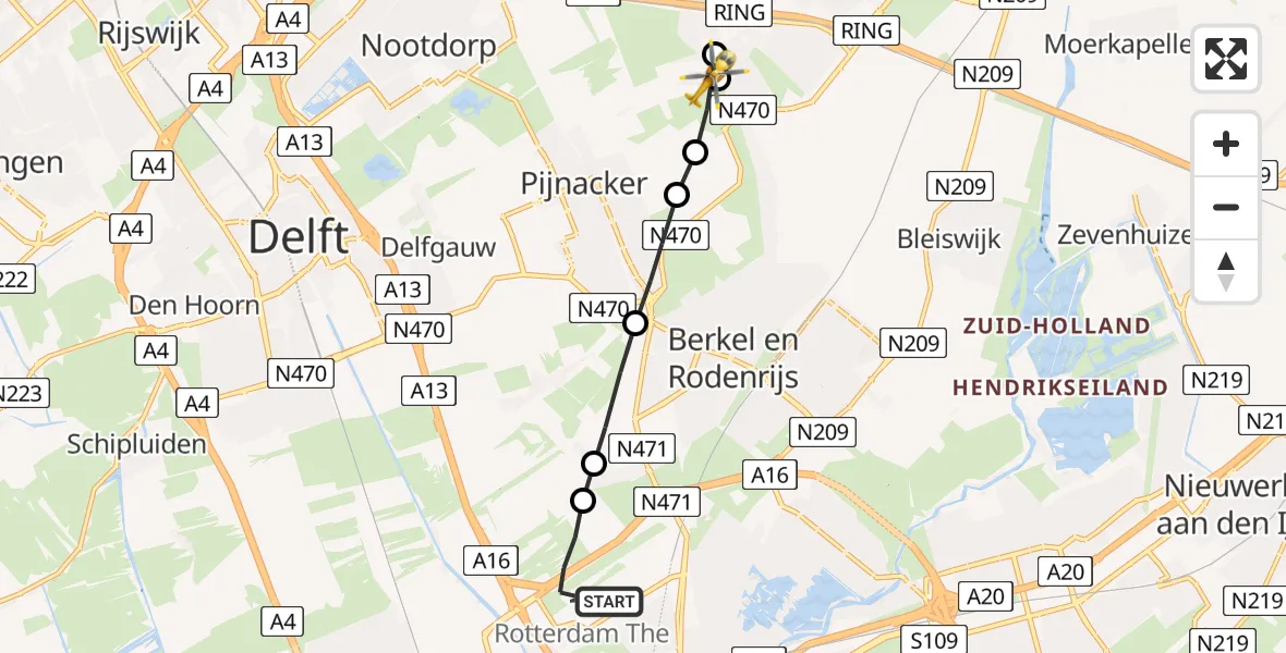 Vluchtroute Traumahelikopter Rotterdam The Hague Airport - Pijnacker, 09 september 2023, 12:25