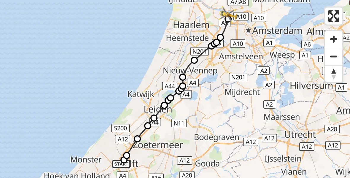Vluchtroute Traumahelikopter Delft - Amsterdam Heliport, 09 september 2023, 13:25