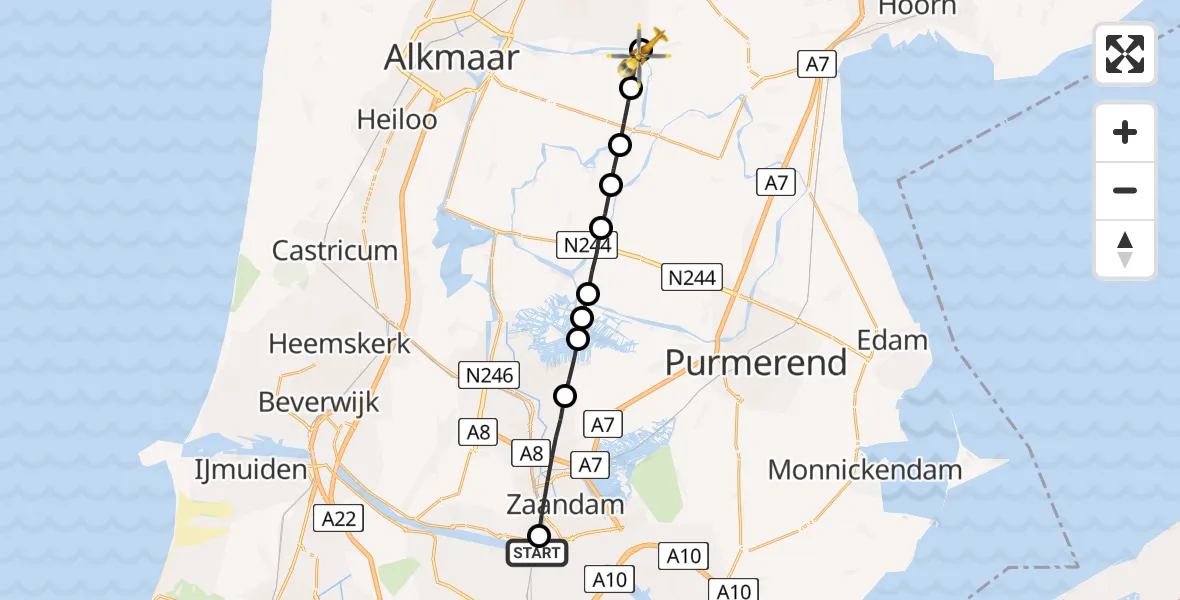 Vluchtroute Traumahelikopter Amsterdam Heliport - Ursem, 09 september 2023, 13:56