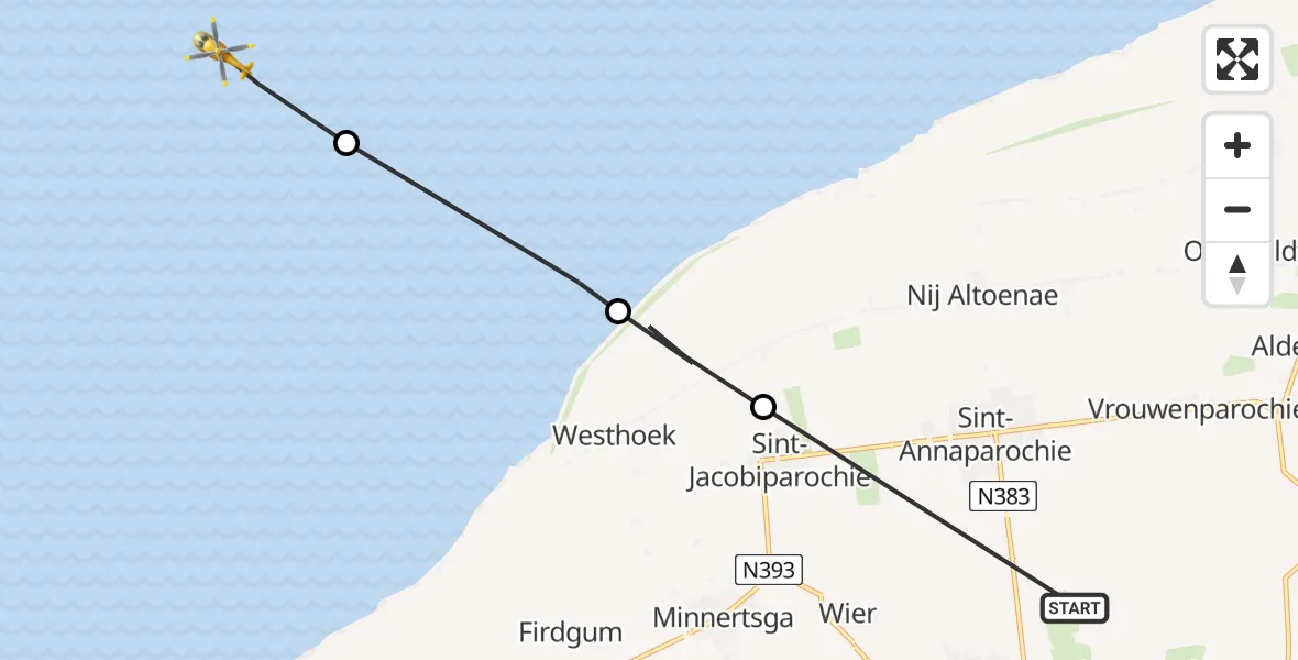 Vluchtroute Ambulancehelikopter St.-Annaparochie - Oosterend, 09 september 2023, 15:16